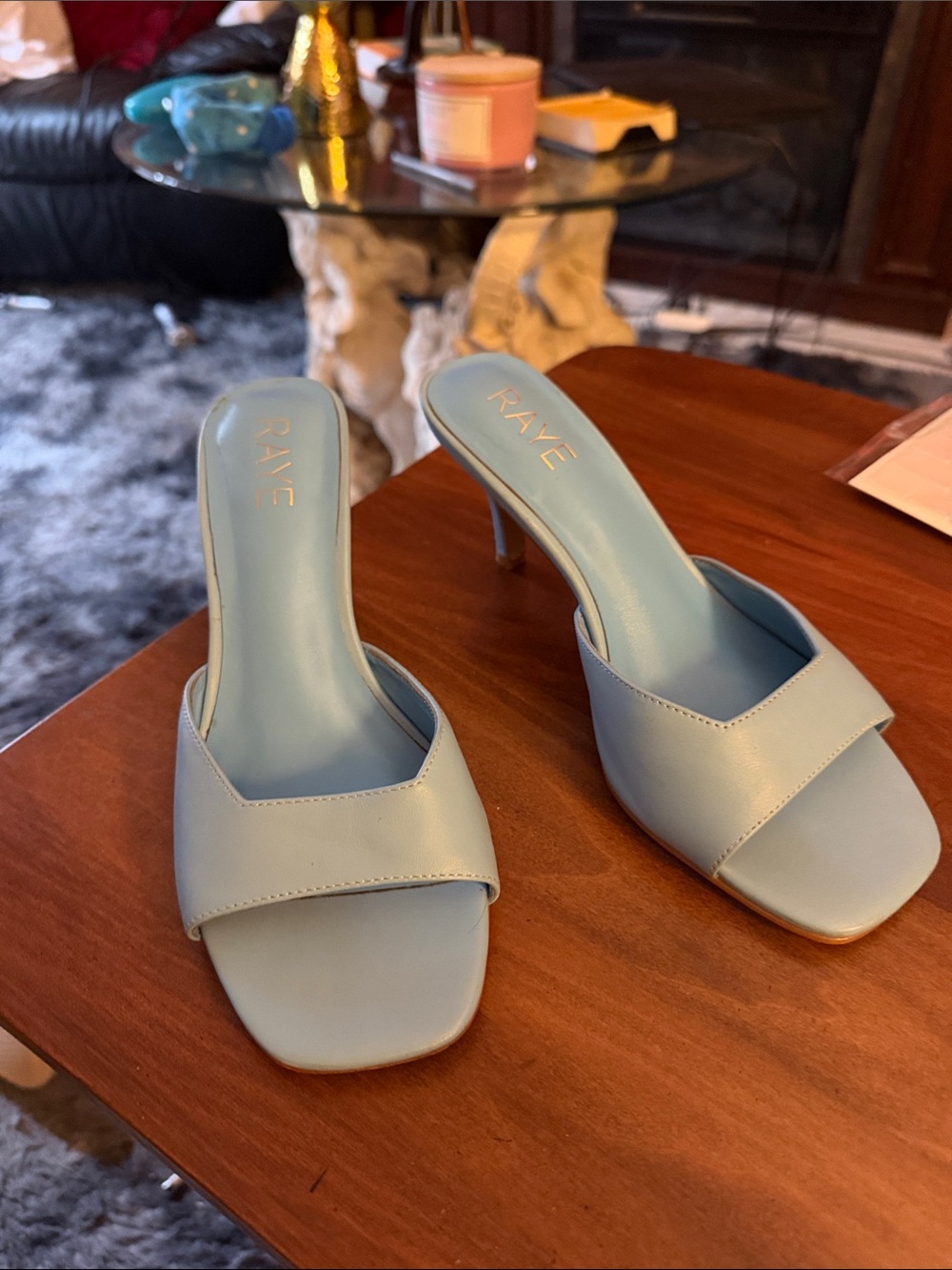 RAYE Pastel Blue Square-Toe Mule Heels